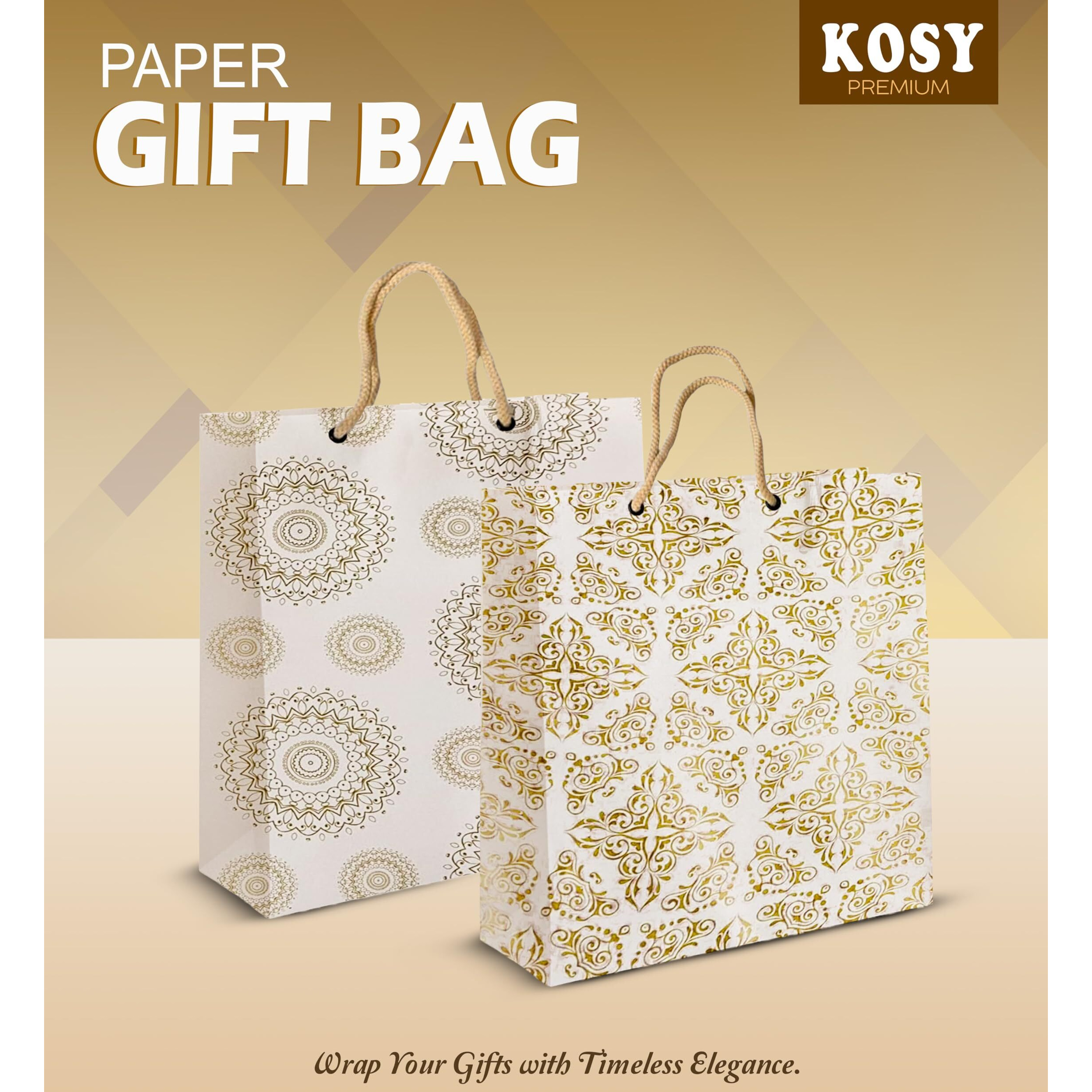 Kosy Printed Paper Bag  Stylish, Eco-Friendly Packaging For Every Occasion | Carry Bags For Birthday, Wedding, Anniversary. (White & Golden, Small Rectangle (Pack Of 10))
