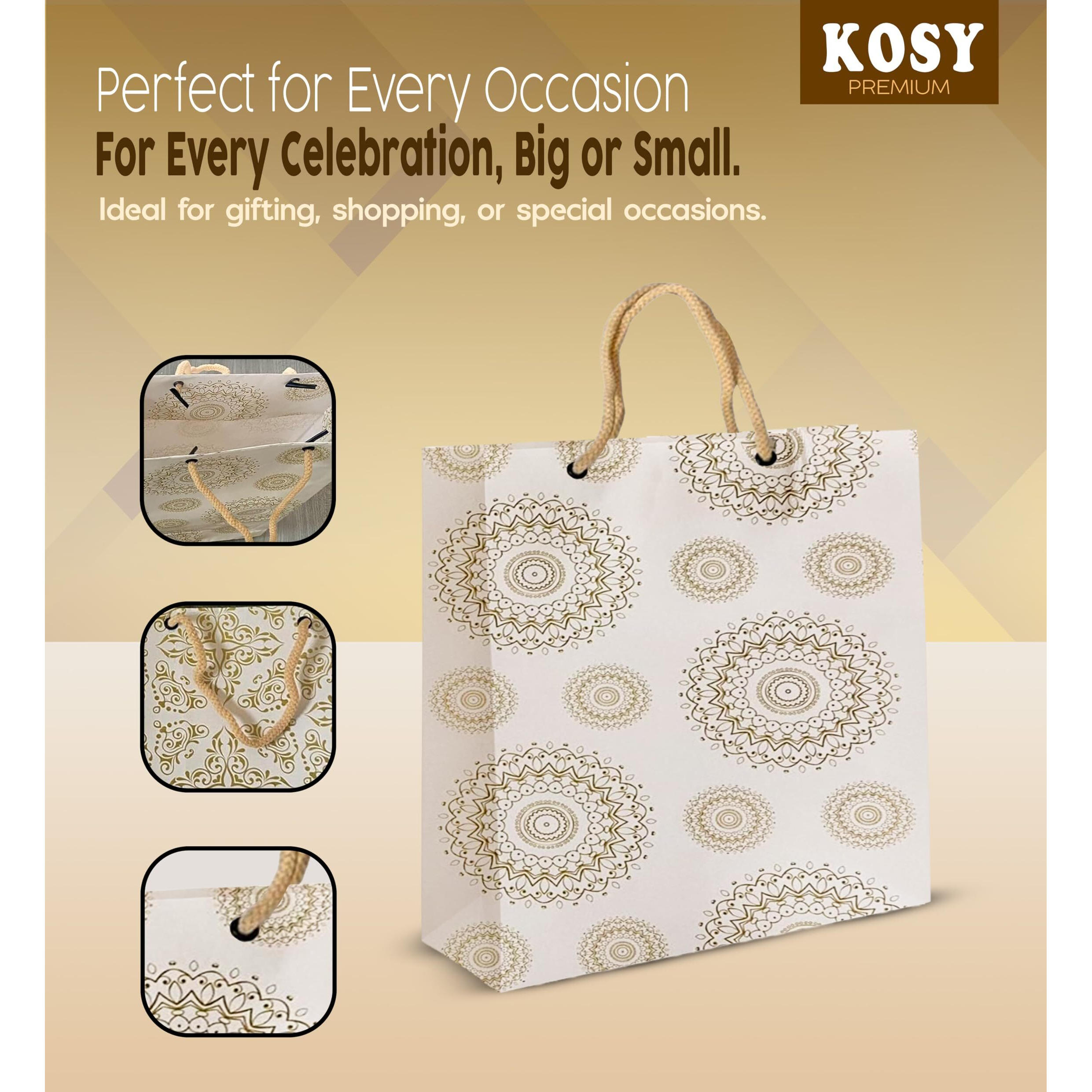 Kosy Printed Paper Bag  Stylish, Eco-Friendly Packaging For Every Occasion | Carry Bags For Birthday, Wedding, Anniversary. (White & Golden, Small Rectangle (Pack Of 10))
