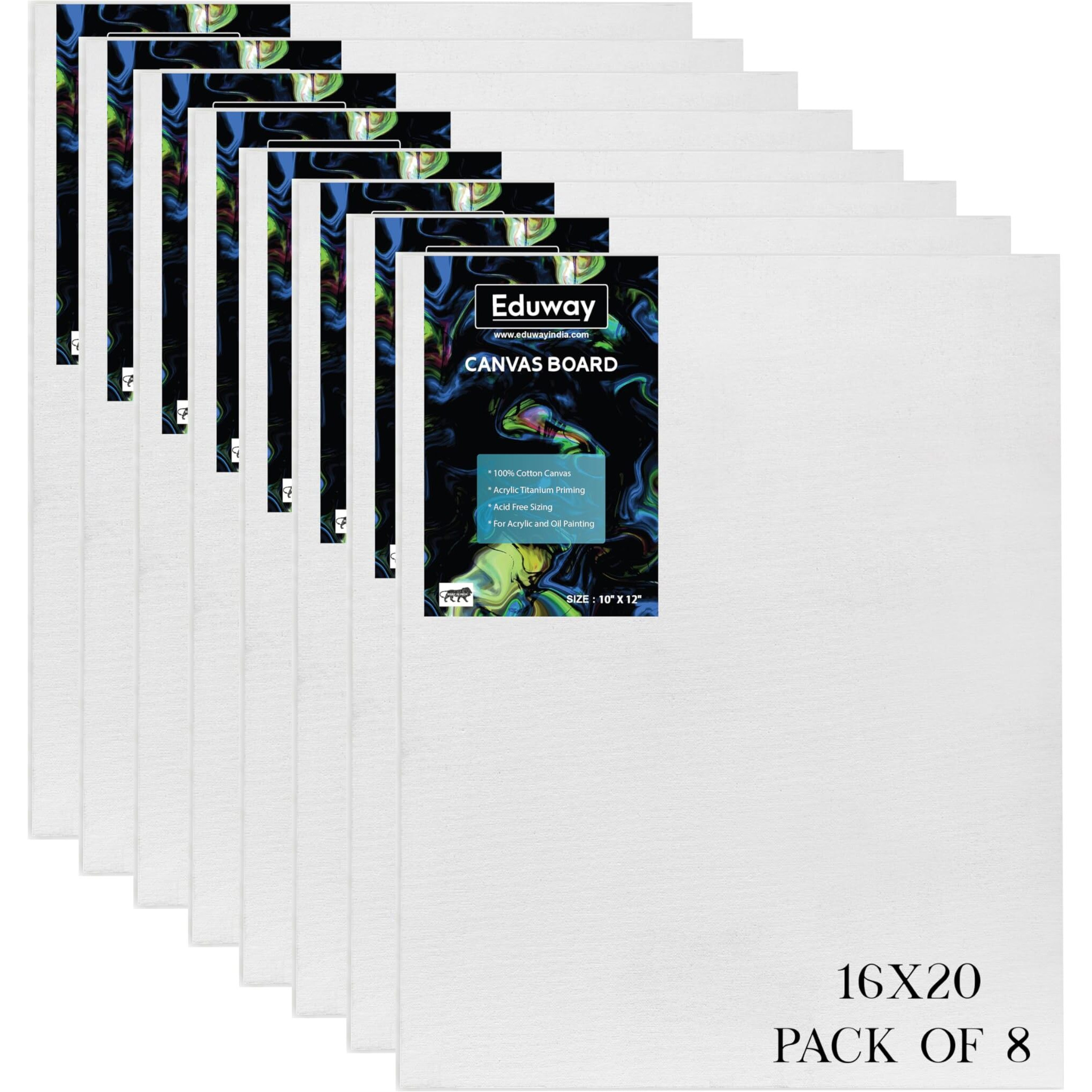 Eduway Canvas Board For Painting- 16X20 Pof 8 | Premium Quality 7Oz Pre-Primed Cotton Canvas Board For Artists & Beginners | Ideal For Acrylic, Oil, Gouache, Pastels Colors (Pack Of 8) (40X50 Cms)