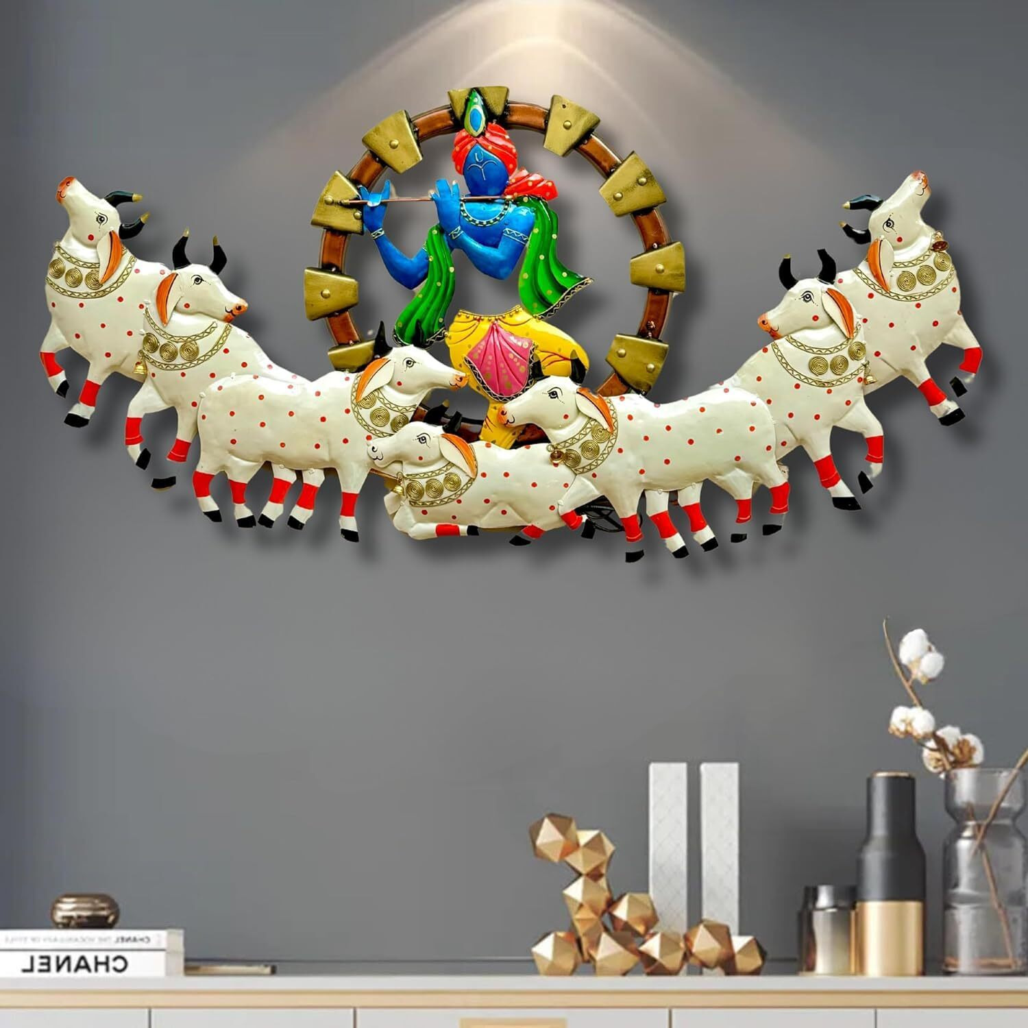 Anshika International Krishna With Cow Metal Wall Art Frame, Wall Sculpture For Living Room, Bedroom, Drawing Room, Office Wall Decoration For Home Decorative Hanging (Size 52X24 Inch)