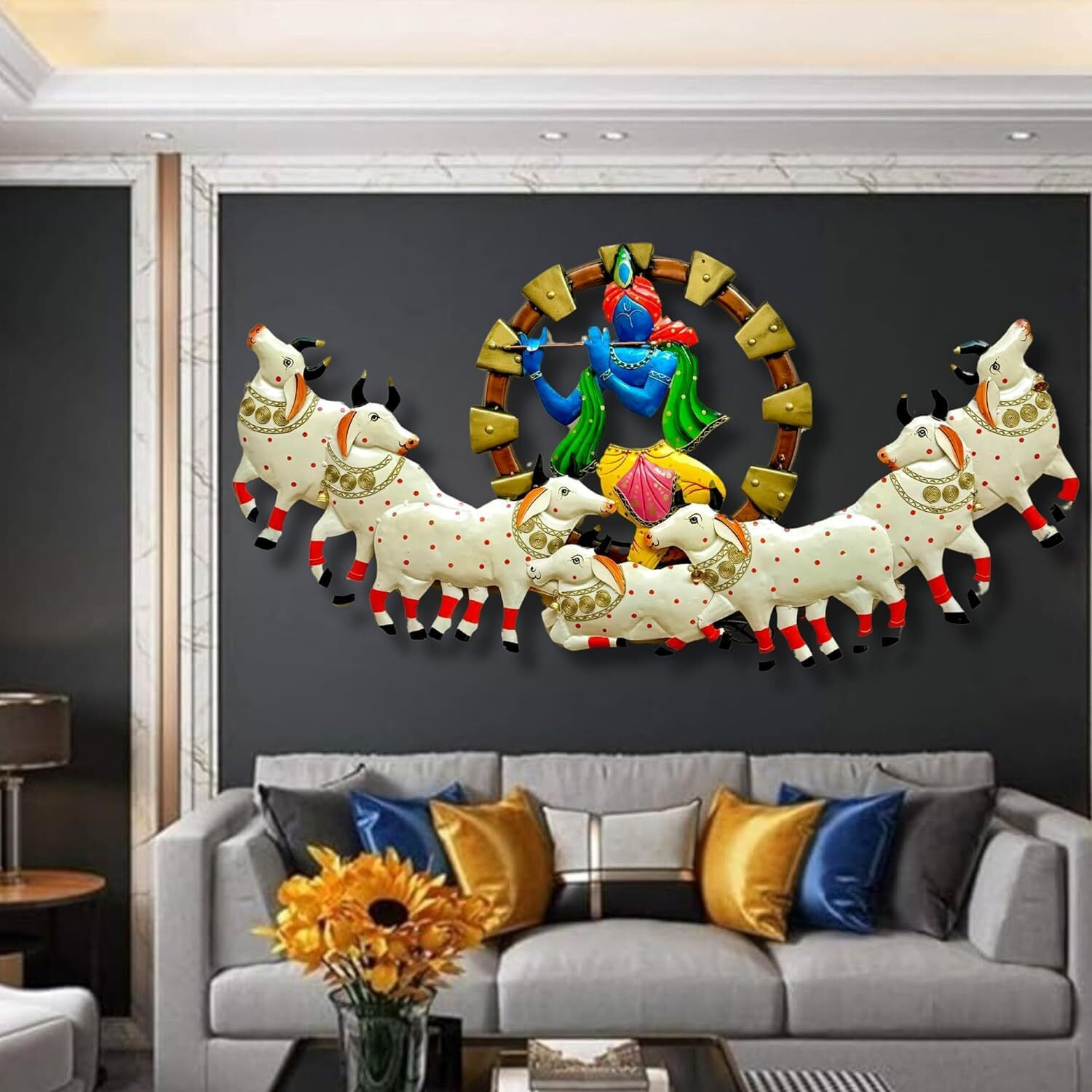 Anshika International Krishna With Cow Metal Wall Art Frame, Wall Sculpture For Living Room, Bedroom, Drawing Room, Office Wall Decoration For Home Decorative Hanging (Size 52X24 Inch)