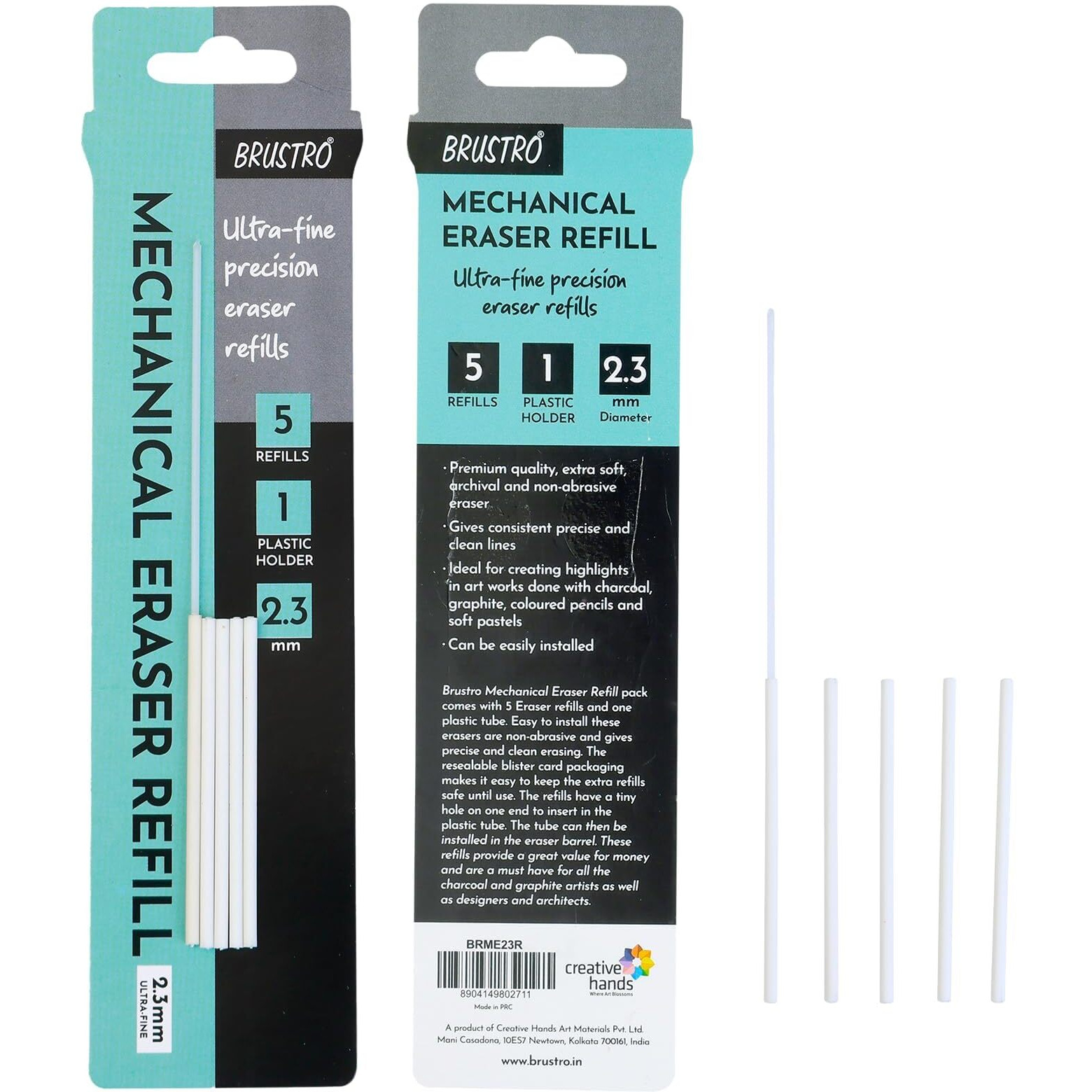Brustro Mechanical Eraser Refill, Ultra-Fine Precision Leads - 2.3 Mm,Pack Of 5 Refills With Plastic Holder | Long Lasting, Clean Accurate Erasing For Technical Drawings Of Charcoal, Graphite Sketches