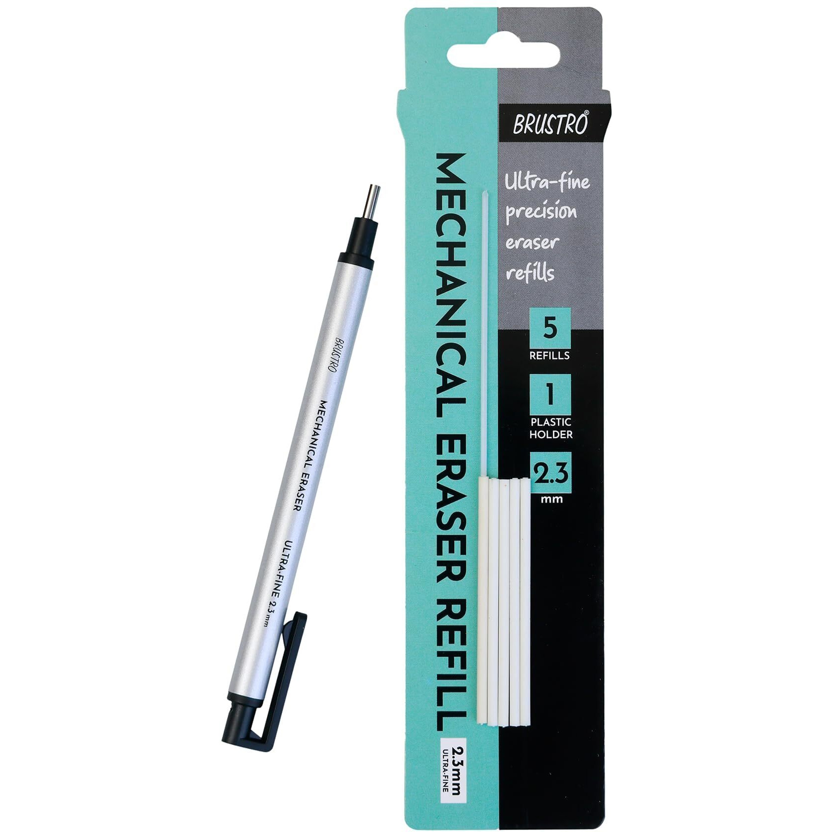 Brustro Mechanical Eraser Refill, Ultra-Fine Precision Leads - 2.3 Mm,Pack Of 5 Refills With Plastic Holder | Long Lasting, Clean Accurate Erasing For Technical Drawings Of Charcoal, Graphite Sketches
