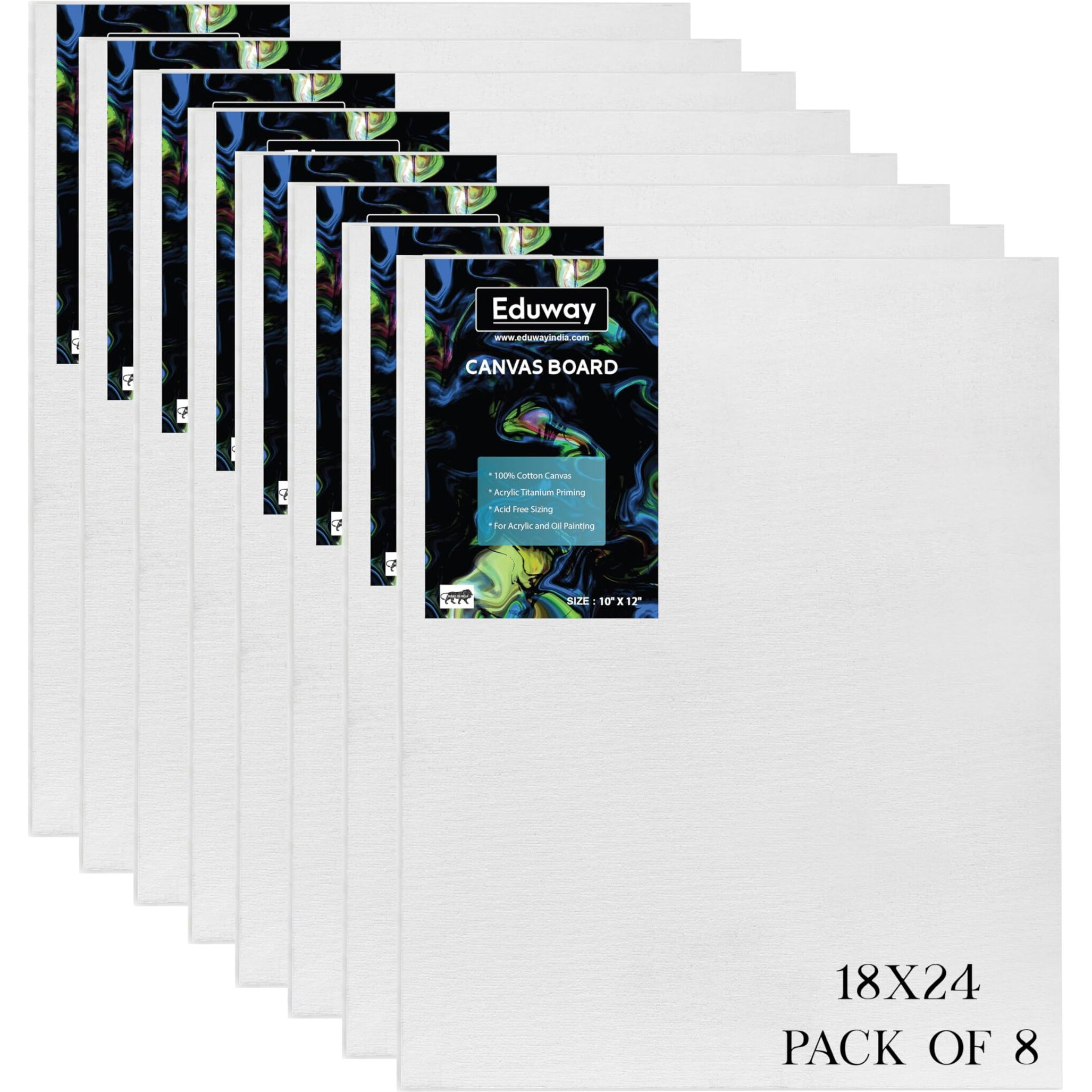 Eduway Canvas Board For Painting- 18X24 Pof 8 | Premium Quality 7Oz Pre-Primed Cotton Canvas Board For Artists & Beginners | Ideal For Acrylic, Oil, Gouache, Pastels Colors (Pack Of 8) (46X61 Cms)