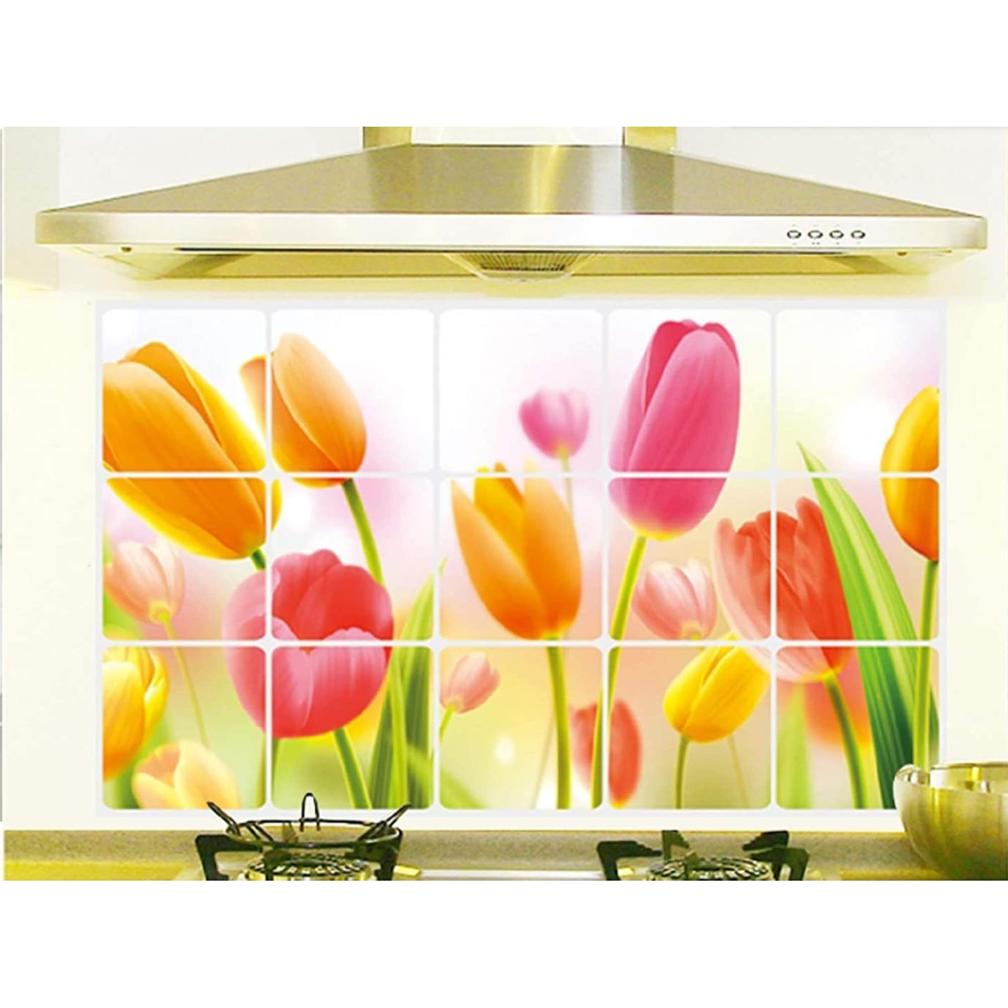 Jaamso Royals Pink And Yellow Flower Design Removable Oil Proof Heat Resistant Kitchen Wall Sticker For Home Decor (45 Cm X 75 Cm)
