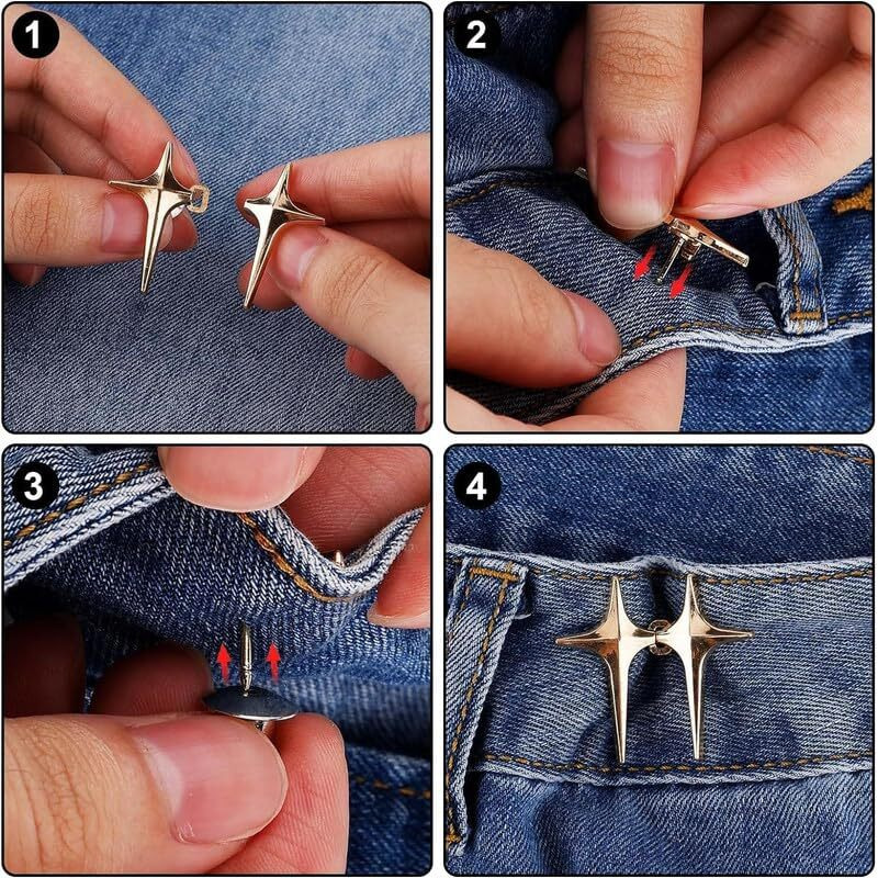 Godfly Adjustable Waist Buckle For Loose Jeans Pants | Pearl Detachable Instant Jeans Button Pins Waist Tightener Set | Make The Waist Fit For Skirt, Pants, Etc-2Pair(Star)(Black)