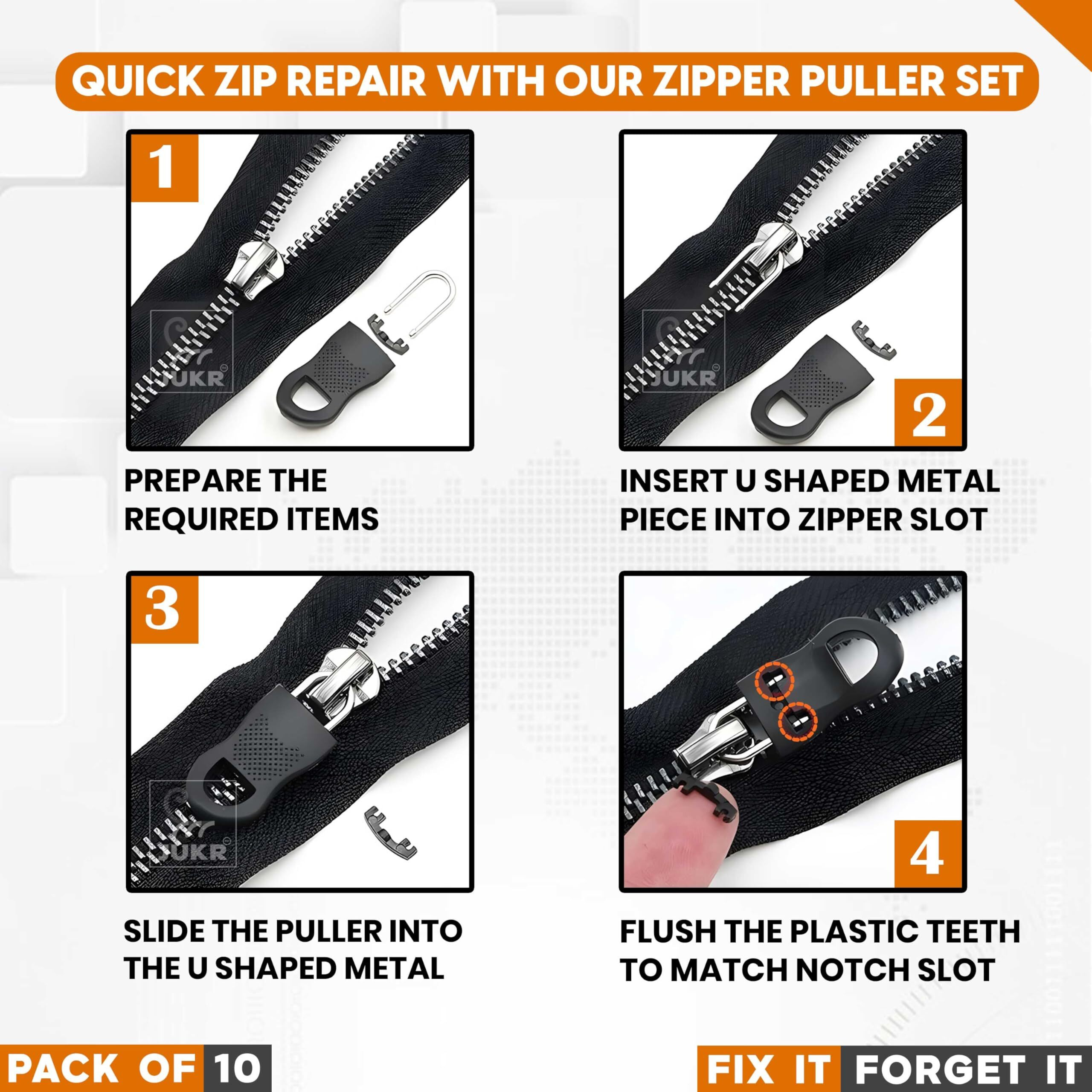 Jukr Multipurpose Detachable Zipper Puller Broken Zip Replacement Handle For Jackets, Jerkin, Raincoats, Jeans Pants, Luggage Travel Bags, Students Backpack, Handbag, Purse, Boots, Tents (Pack Of 10)