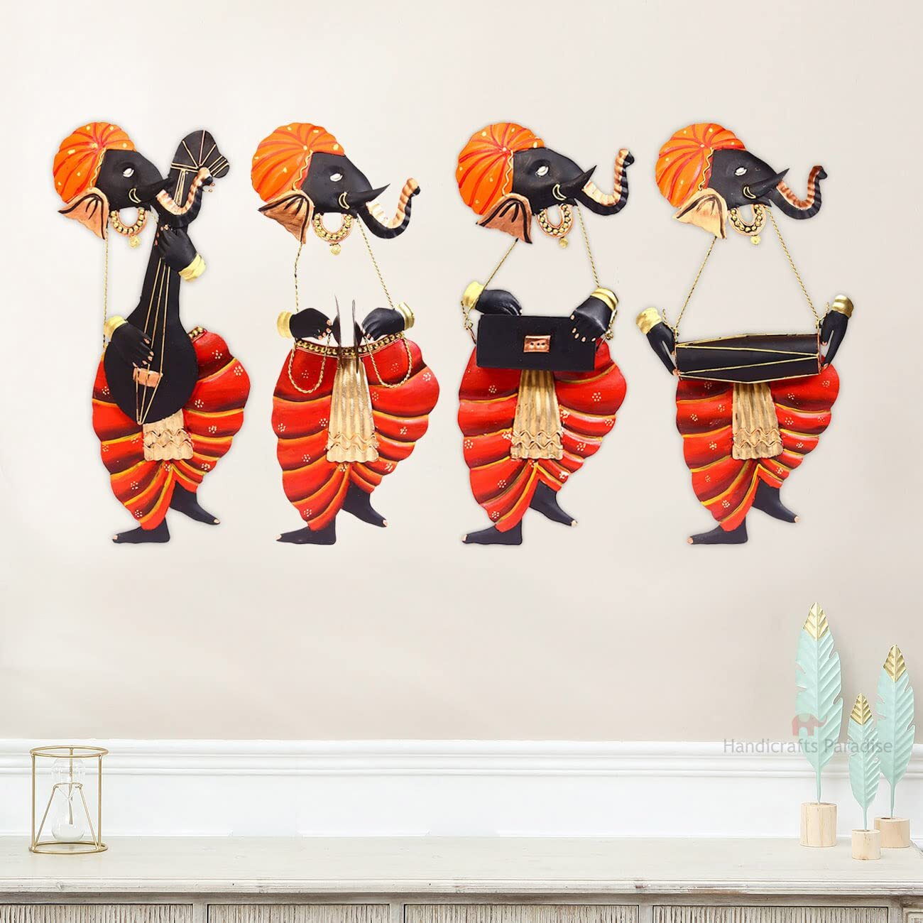 Handicrafts Paradise Iron Ganesha Wall Art Musician Ganesha, Set Of 4, 7 X 3 Inches
