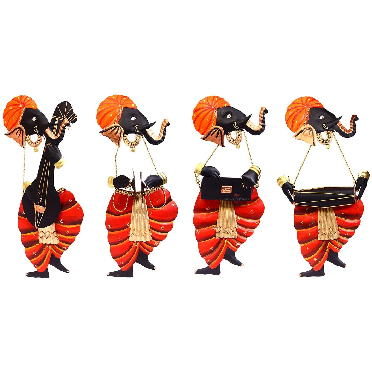 Handicrafts Paradise Iron Ganesha Wall Art Musician Ganesha, Set Of 4, 7 X 3 Inches