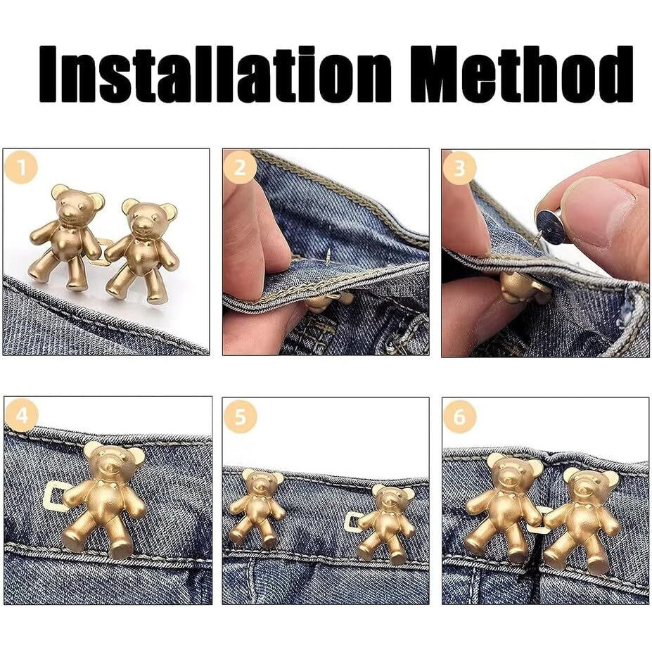Godfly Cute Bear Button Pins For Jeans Teddy Bear Button Pins Adjustable Waist Buckle For Loose Jeans Pants, Detachable Buttons No Need Sewing Waist Tightener Clip(2-Pair)(Gold Bear)