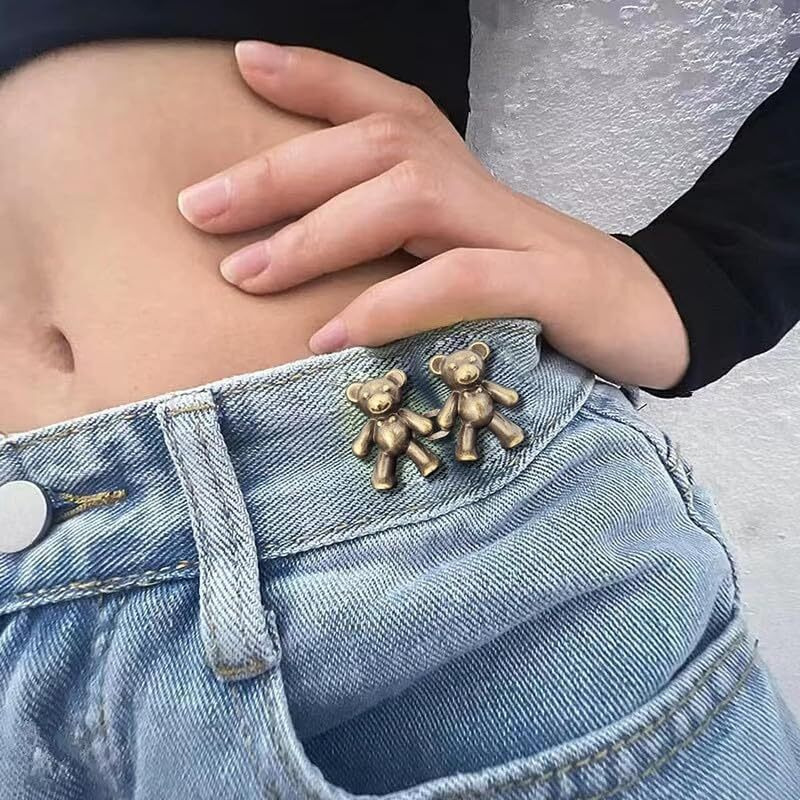 Godfly Cute Bear Button Pins For Jeans Teddy Bear Button Pins Adjustable Waist Buckle For Loose Jeans Pants, Detachable Buttons No Need Sewing Waist Tightener Clip(2-Pair)(Gold Bear)