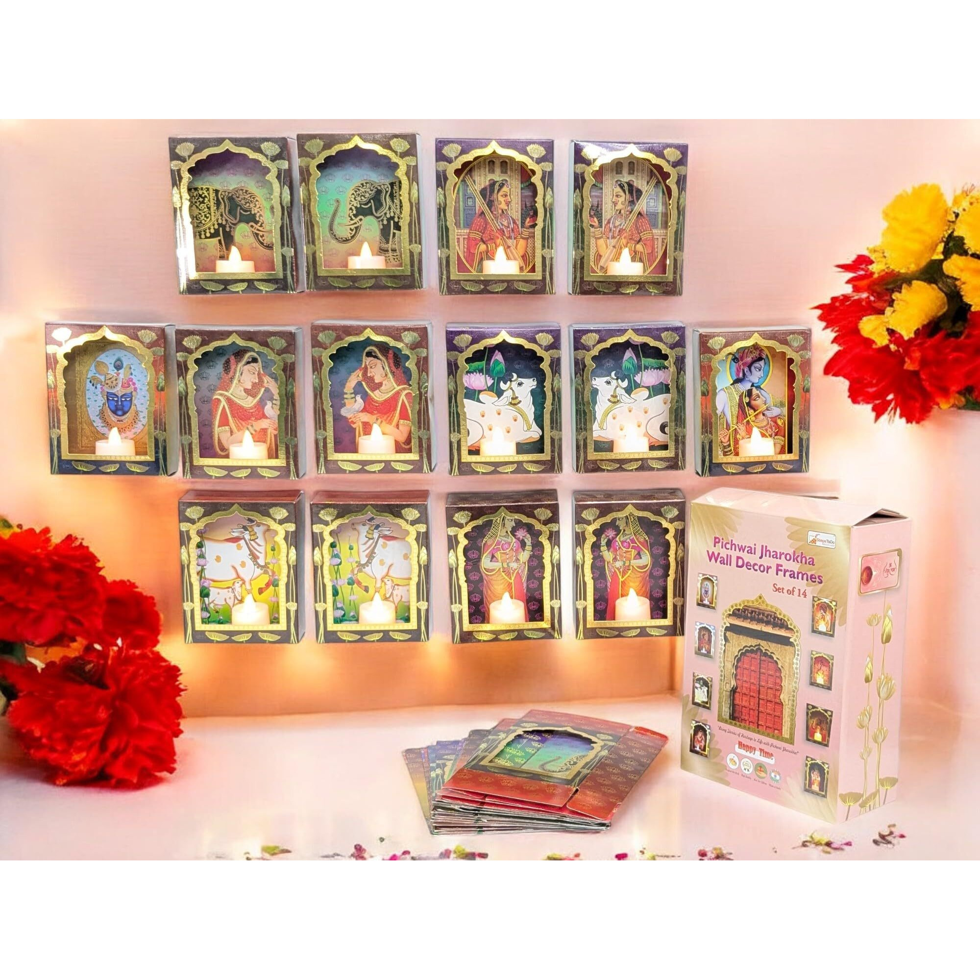 Stepstodo Pitchwai Jharokha Wall Dcor Box Frames (Pack Of 14) Deep Deewar With Led Candle, Jharokha Style Wall & Home Decor For All Festive