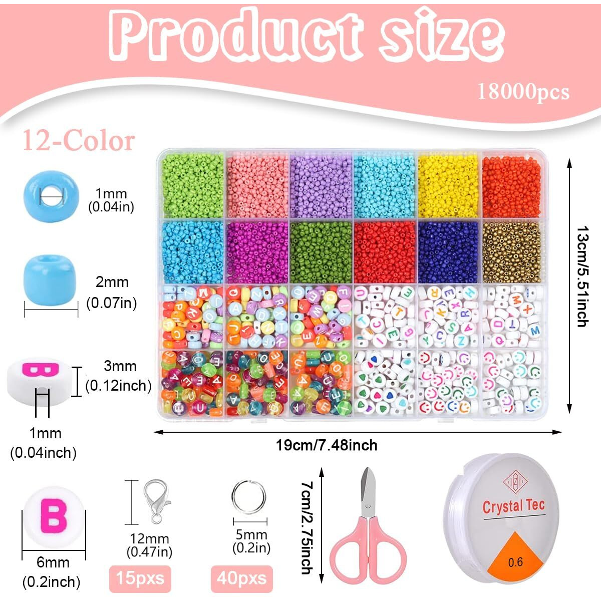 Sannidhi Glass Seed Beads Alphabet Beads Kit 12-Color 2Mm Seed Beads For Jewellery Making Colorful Letter Beads For Bracelet Making Smile Heart Spacer Beads With String, Scissors, Clasps
