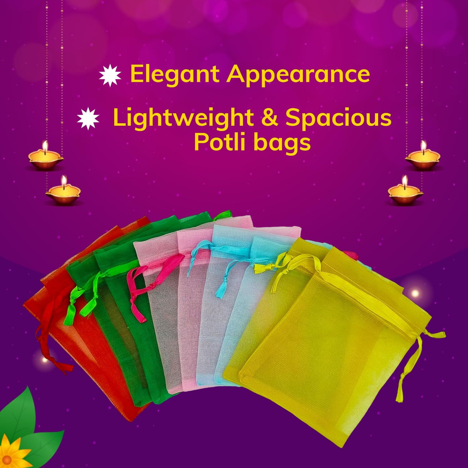 Soul Artisan Potli Drawstring Bag Transparent Net Fabric (Multi-Color) For Return Gifts, Wedding, Baby Shower, Haldi Functions, Dry Fruit And Jewelry Packaging Size 18X23 Cm | Pack Of 20