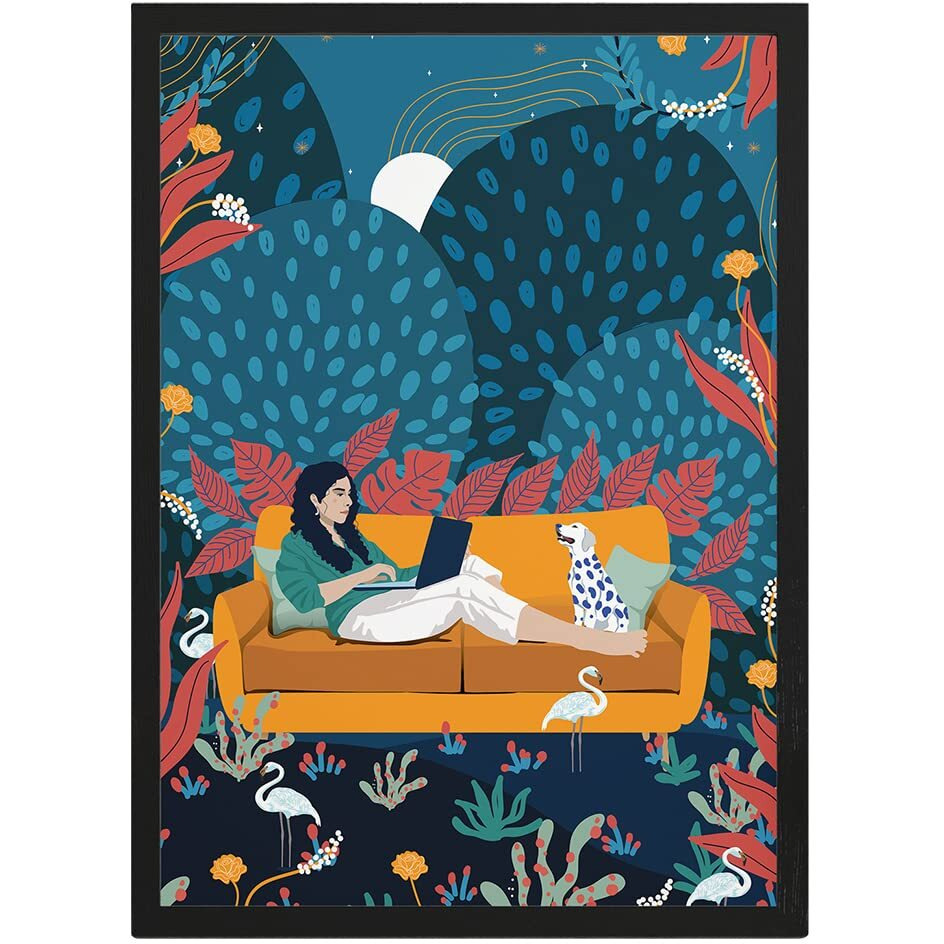 Happening Hippo Aesthetic Wall Poster | Wood Frame Art | Decoration Painting + Inspiring Decor + Positive Vibes | For Bedroom, Home, Office, Study & Living Room | Working In The Forest Drawing | A4