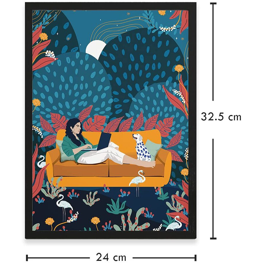 Happening Hippo Aesthetic Wall Poster | Wood Frame Art | Decoration Painting + Inspiring Decor + Positive Vibes | For Bedroom, Home, Office, Study & Living Room | Working In The Forest Drawing | A4