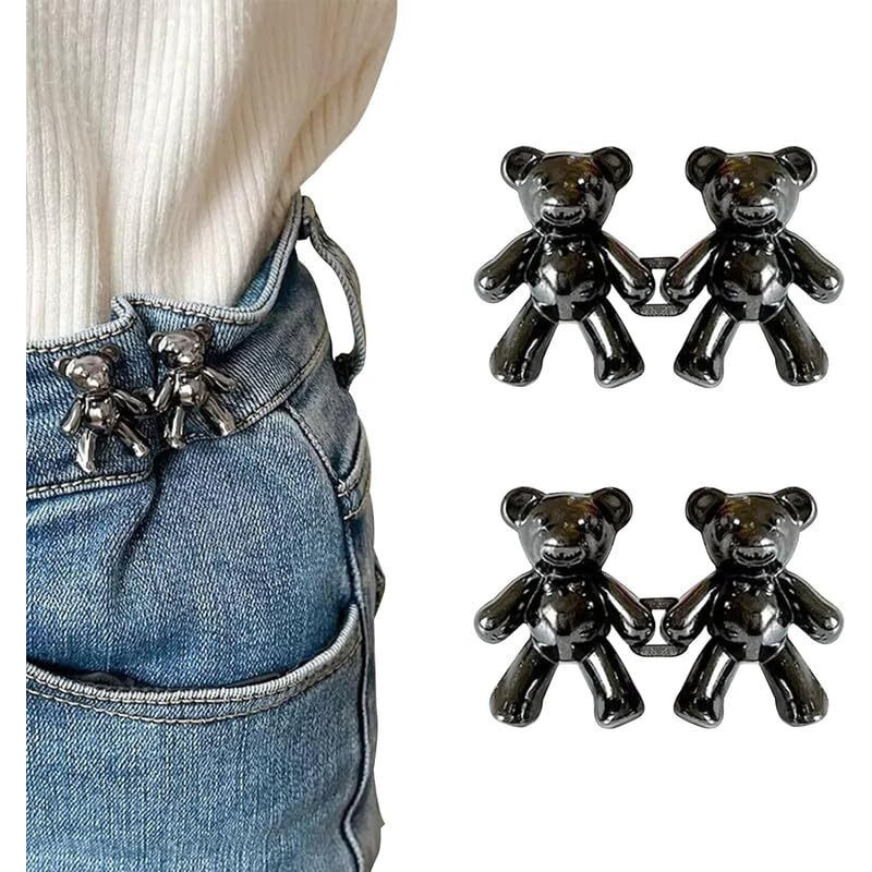 Xvia Detachable Bear Pins For Pants, Jean Buttons For Loose Jeans, No-Sew And No Tools, Button Pins For Jeans, For Women Loose Skirt Pant Jeans(2-Pair)(Black Bear)