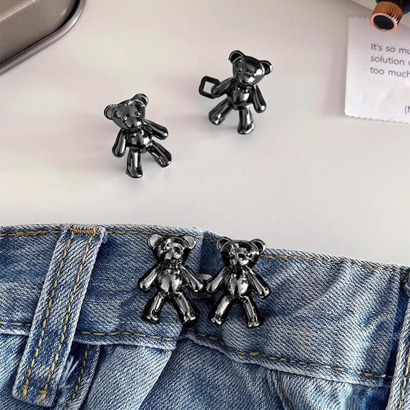 Xvia Detachable Bear Pins For Pants, Jean Buttons For Loose Jeans, No-Sew And No Tools, Button Pins For Jeans, For Women Loose Skirt Pant Jeans(2-Pair)(Black Bear)