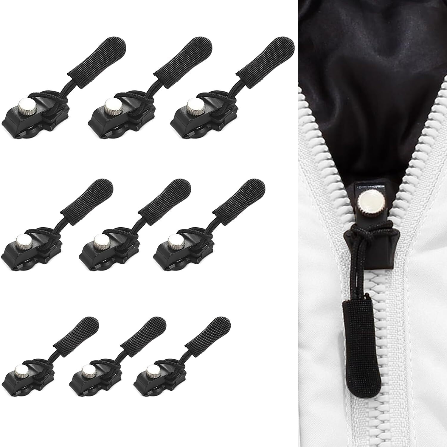 Brownarrow 5-Pcs Removable Zip Puller, Zipper Repair Kit With Nylon Pull Tabs Cords Clothing Fixer Tool Replacement Metal Zipper Pull For Sliding Teeth Universal Screw Fix Zip Puller For Bags, Garments