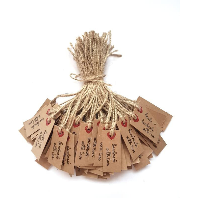 Townbus - Handmade With Love | Small Craft Paper Tags For Gifts, Product Packaging Pre-Tied With Jute Rope D1 (100 Nos)
