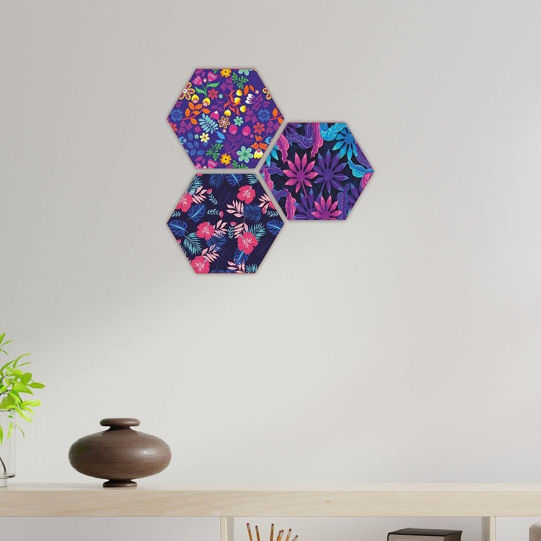 Cvanu Laser Cut Floral Design Wooden Wall Hanging Hexagon Shape, Wall Art For Room Decoration 3 Pcs (12Inch X 10Inch)