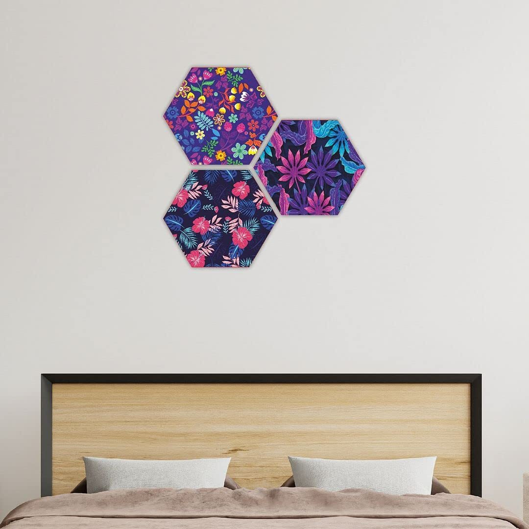 Cvanu Laser Cut Floral Design Wooden Wall Hanging Hexagon Shape, Wall Art For Room Decoration 3 Pcs (12Inch X 10Inch)