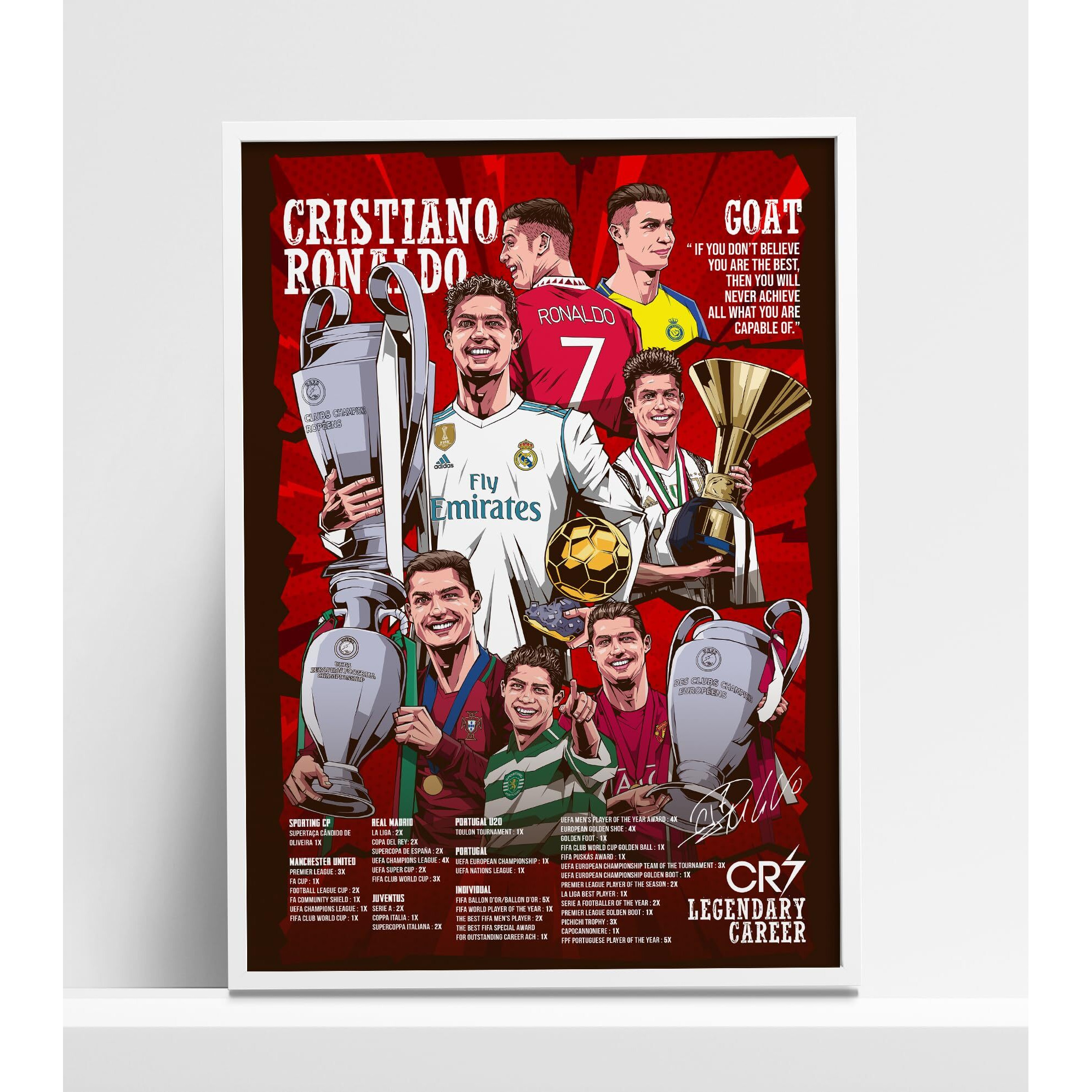 Since 7 Store Cristiano Ronaldo Legendary Career Framed Poster For Gifting/For Room Decor/For Football Fans (A4, White)