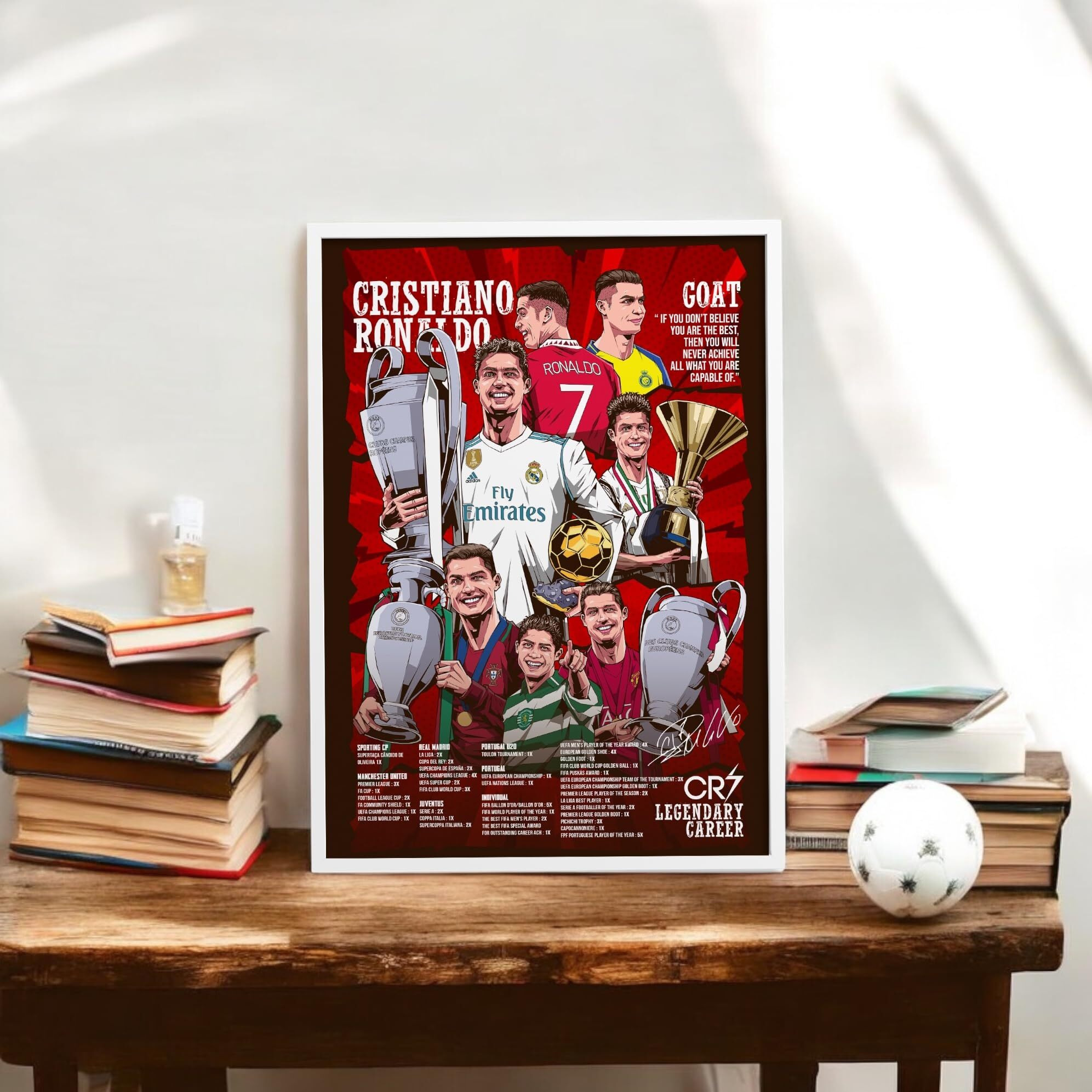 Since 7 Store Cristiano Ronaldo Legendary Career Framed Poster For Gifting/For Room Decor/For Football Fans (A4, White)