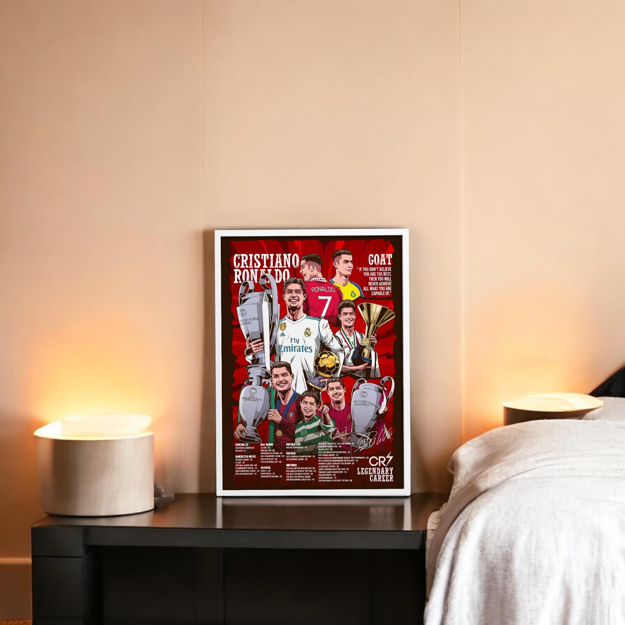 Since 7 Store Cristiano Ronaldo Legendary Career Framed Poster For Gifting/For Room Decor/For Football Fans (A4, White)