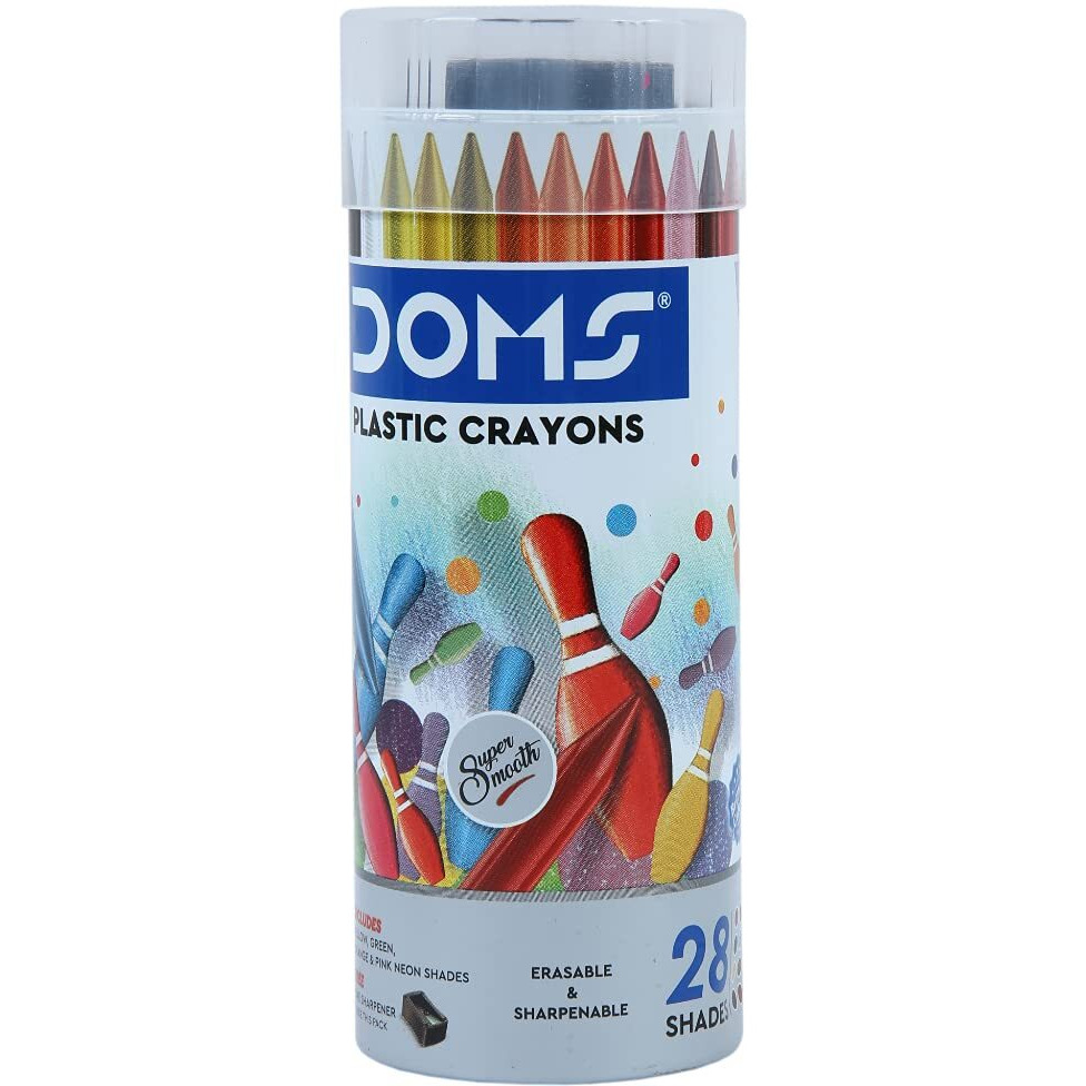 Doms 28 Shades Erasable Plastic Crayons Round Tin Box | Smooth & Even Shading | Bright & Playful Colors | Free Sharpner Inside | Non-Toxic & Safe For Childrens | Pack Of 2