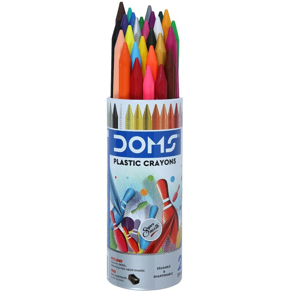 Doms 28 Shades Erasable Plastic Crayons Round Tin Box | Smooth & Even Shading | Bright & Playful Colors | Free Sharpner Inside | Non-Toxic & Safe For Childrens | Pack Of 2