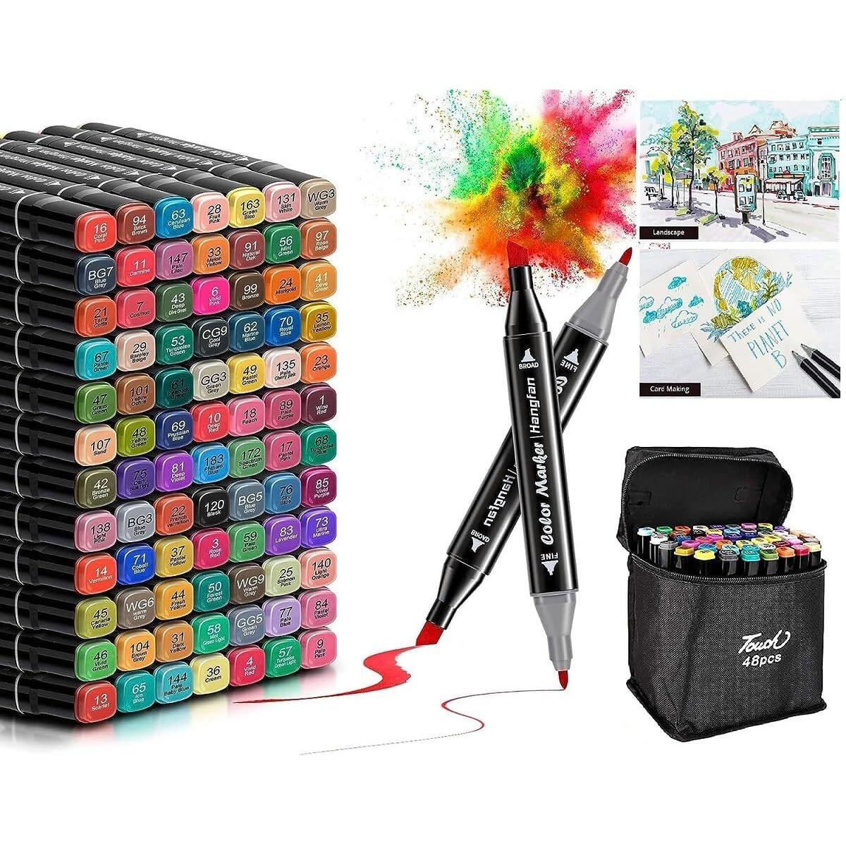 Mobdesk Alcohol Marker Set Of 48  Touch Cool Dual Tip Markers With Brush Tips | 48 Vibrant Multicolor Shades For Adult Coloring, Calligraphy, Illustrations, Drawing And Kids Art Projects, Sketch Pens