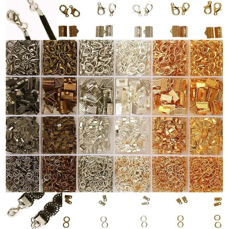 Diy Crafts 9 Sets, Bright Silver, Jewelry Making Kit Colors Open Jump Rings, Lobster Clasps, Cord Ends Ribbon Ends 1 Set Contain- 2X Lobster 2X End Clip 10X J (9 Sets, Bright Silver)