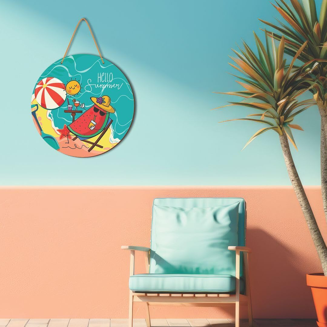 Cvanu Hello Summer & Beach Side Round Shaped Wooden Wall Hanging For Wall Decoration (12Inchx12Inch)_W280