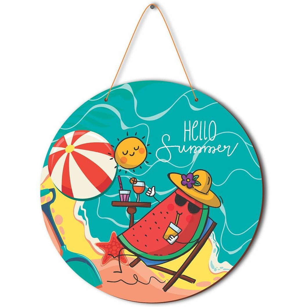 Cvanu Hello Summer & Beach Side Round Shaped Wooden Wall Hanging For Wall Decoration (12Inchx12Inch)_W280
