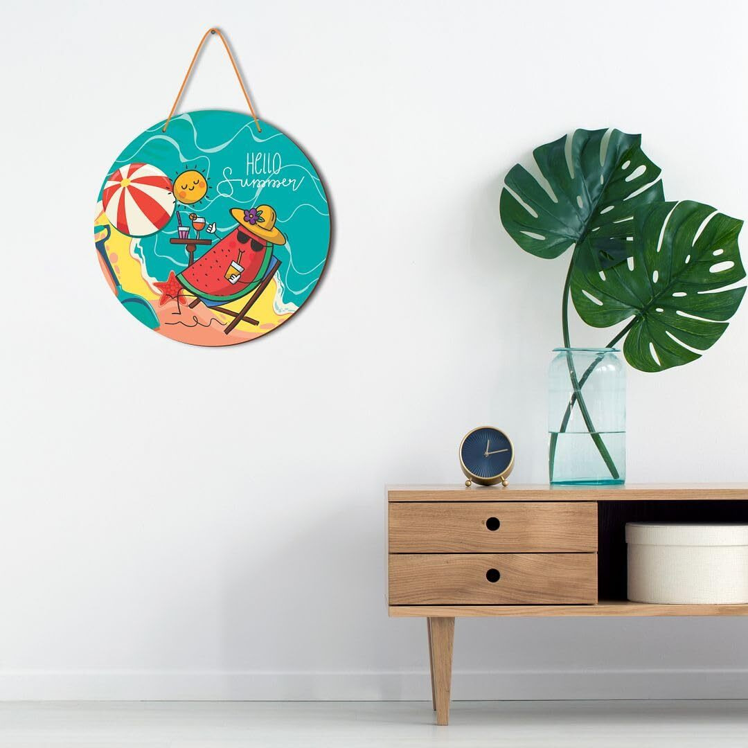 Cvanu Hello Summer & Beach Side Round Shaped Wooden Wall Hanging For Wall Decoration (12Inchx12Inch)_W280