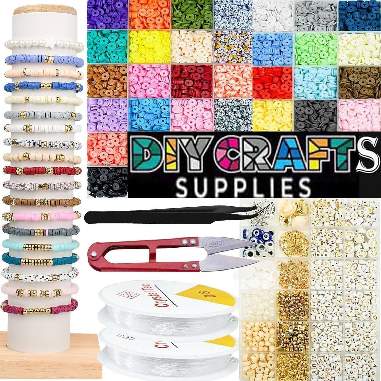 Diy Crafts Unssorted Bracelet Jewelry Making Kit Polymer Clay Beads, Random Colors Letter Beads Friendship Bracelets Heshi Beads With Charms Strings Crafts Gift For Girls Adults Pcs - (1100)