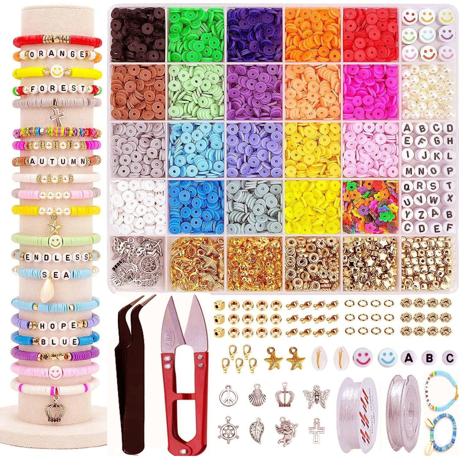Diy Crafts Unssorted Bracelet Jewelry Making Kit Polymer Clay Beads, Random Colors Letter Beads Friendship Bracelets Heshi Beads With Charms Strings Crafts Gift For Girls Adults Pcs - (1100)