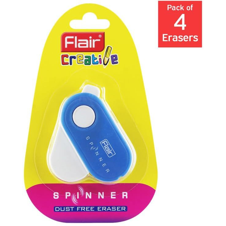 Flair Creative Series Non Toxic Spinner Eraser Blister Set | Neat & Dust Free Erasing | 360 Degree Rotatable With Lock Mechanism | Playful Body Colors | Pack Of 4 Erasers
