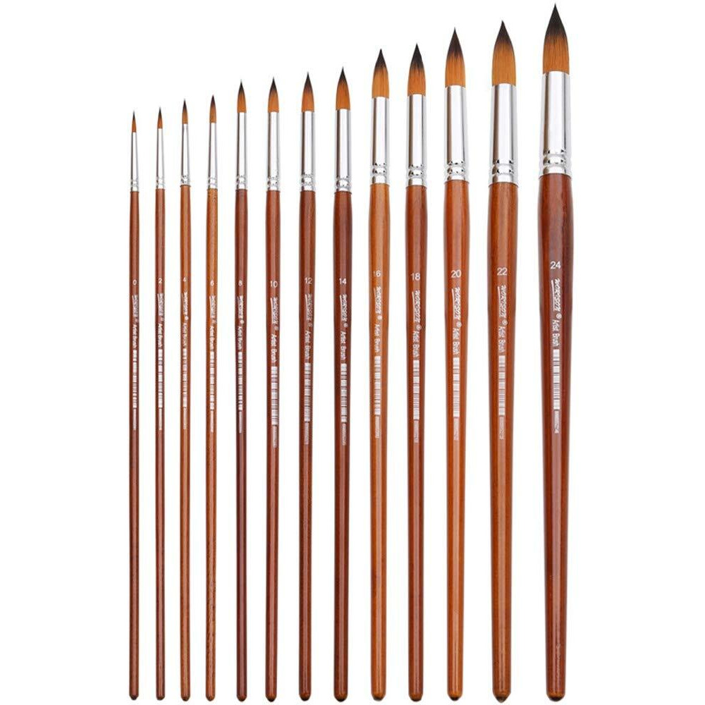 Chrome Artist Watercolor Paint Brushes Set 13Pcs - Round Pointed Tip Soft Anti-Shedding Nylon Hair Wood Long Handle
