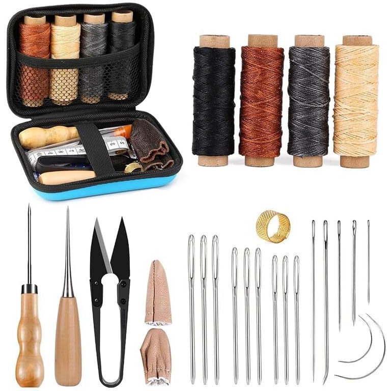 Orrda 26 Pcs Leather Sewing Kit | Leather Needles For Hand Sewing | Sewing Upholstery Repair Kit Waxed Thread Large-Eye Stitching Needles For Carseat Backpack Carpet Boots Shoes Sofa (Multicolor)