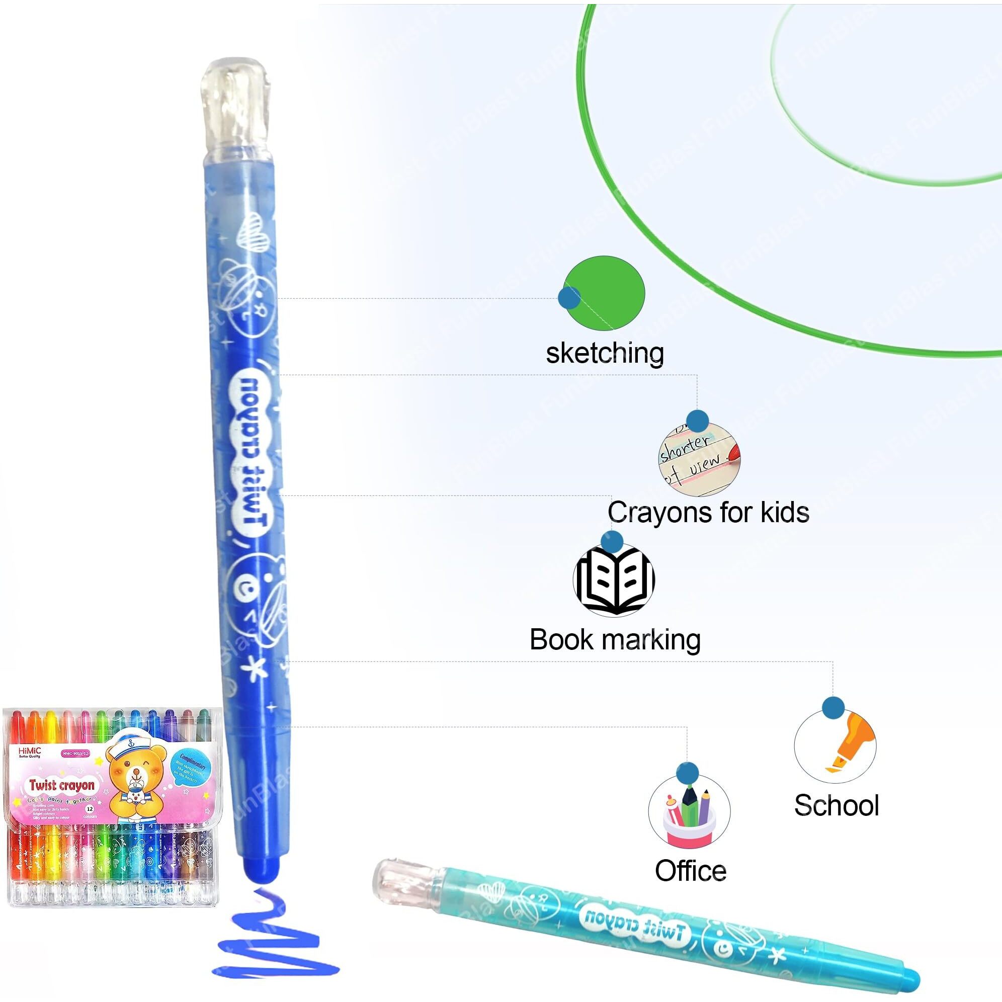 Funblast Coloring Kit Twistable 12 Shades Rolling Crayons Pen For Drawing/School Kids/Boys/Girls/Birthday Gifts, Ink Multicolor