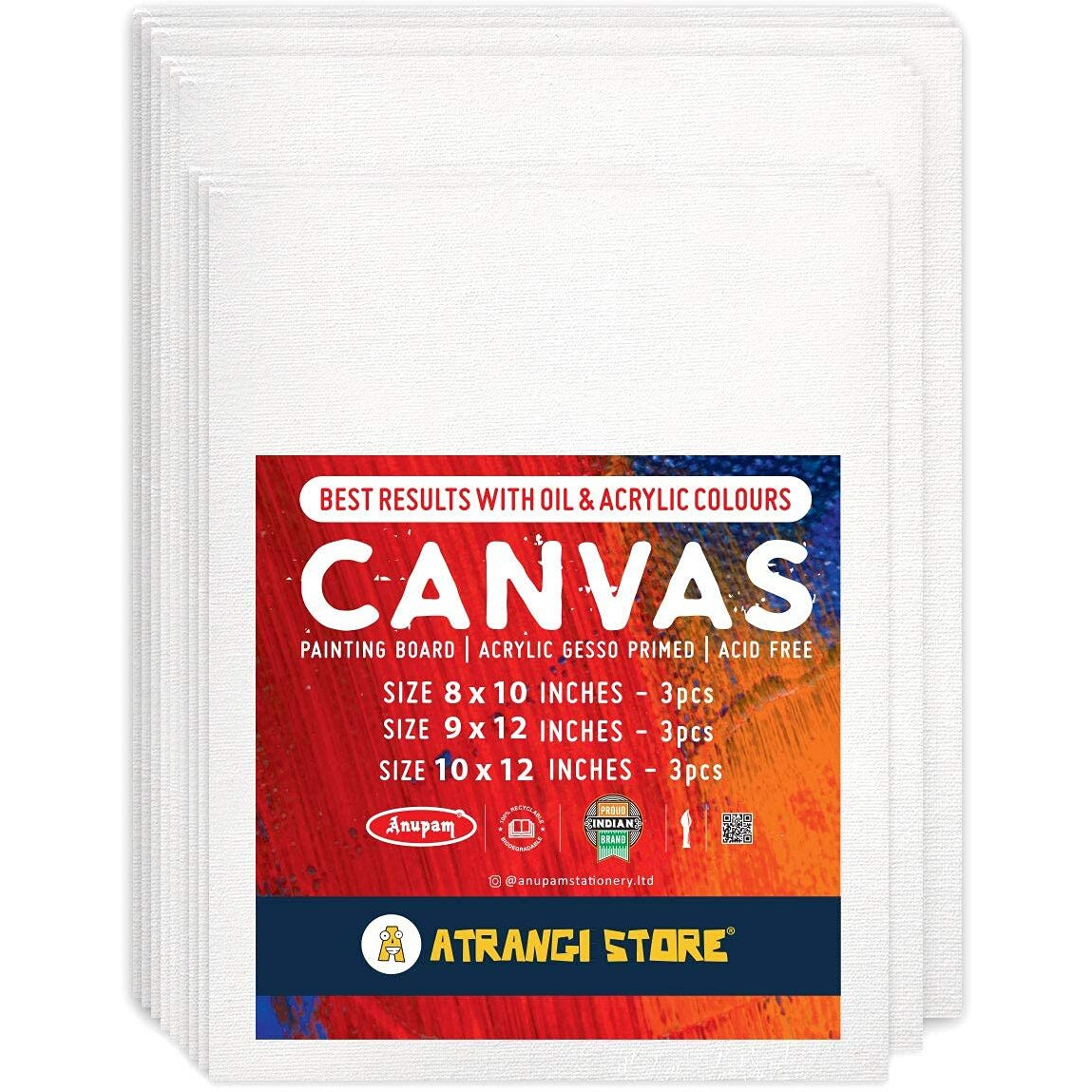 Atrangi Store Cotton Canvas Boards For Painting (8X10, 9X12, 10X12 Combo Pack Of 9,White)