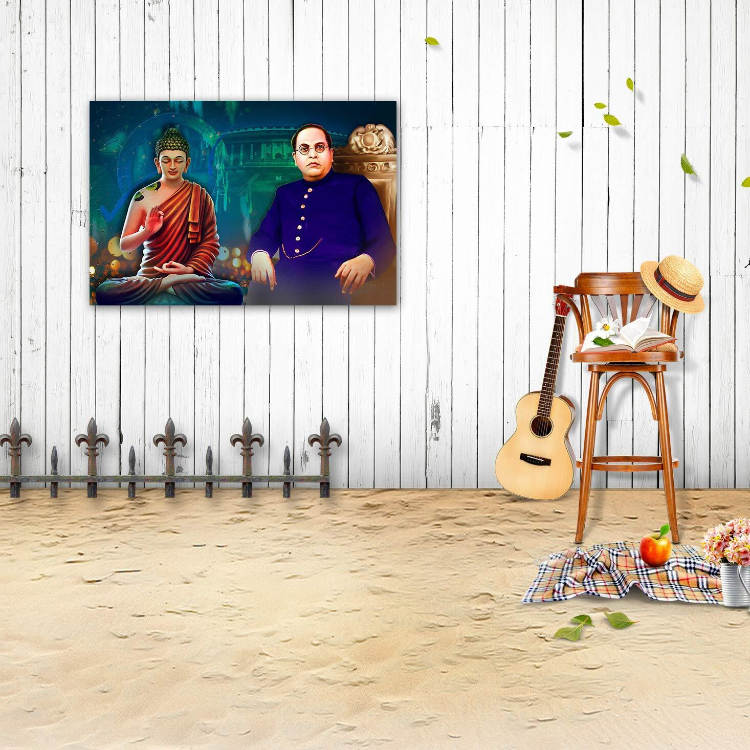 Dharvika Innovations Babasaheb Ambedkar And Buddha Painting Sparkle Coated Self Adhesive Wallpaper Without Frame Digital Reprint 24 Inch X 36 Inch Painting( Multicolour)
