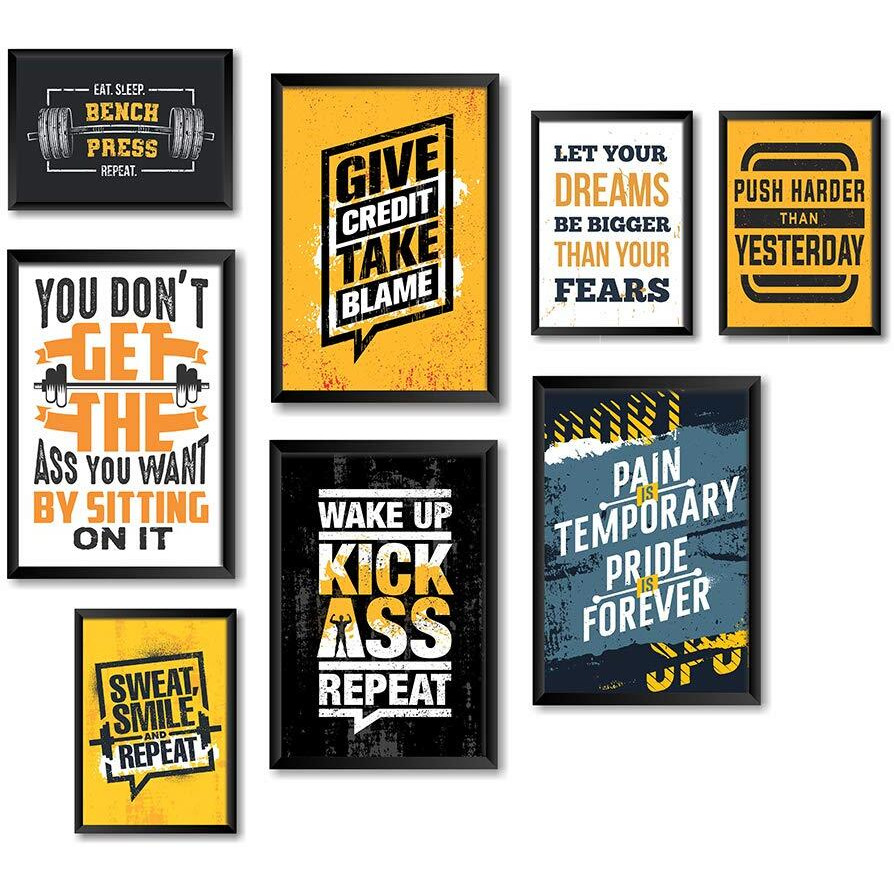 Printelligent Gym Workout Quotes And Motivational Framed Posters (2 Sizes, Set Of 8 Frames) (E)