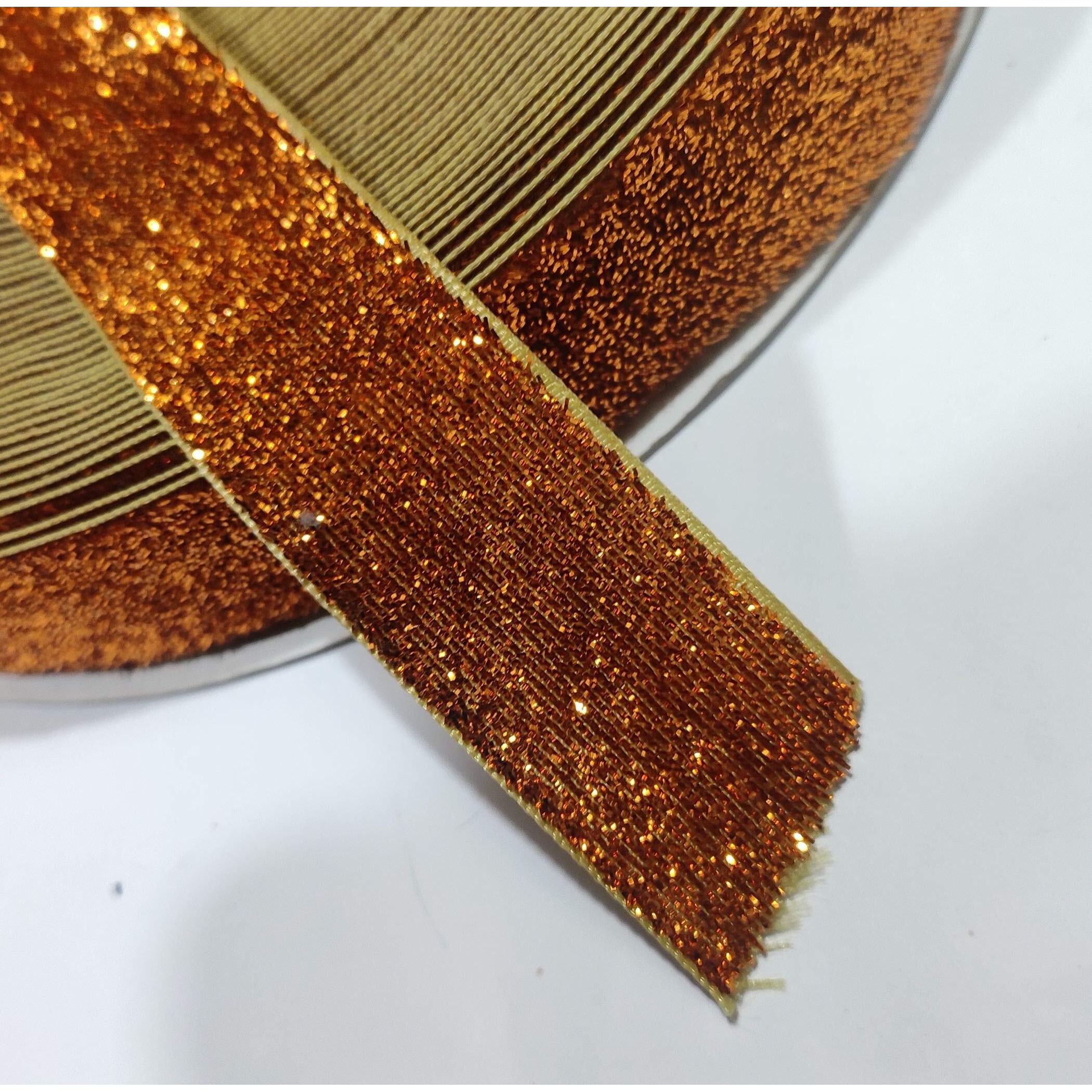 Omx Roll Of Golden Copper Sparkle Glitter Ribbon Patti Lace (18 Meters) (Border) With 2.5 Cm Width, Saree Border, Party Decoration, Craftwork
