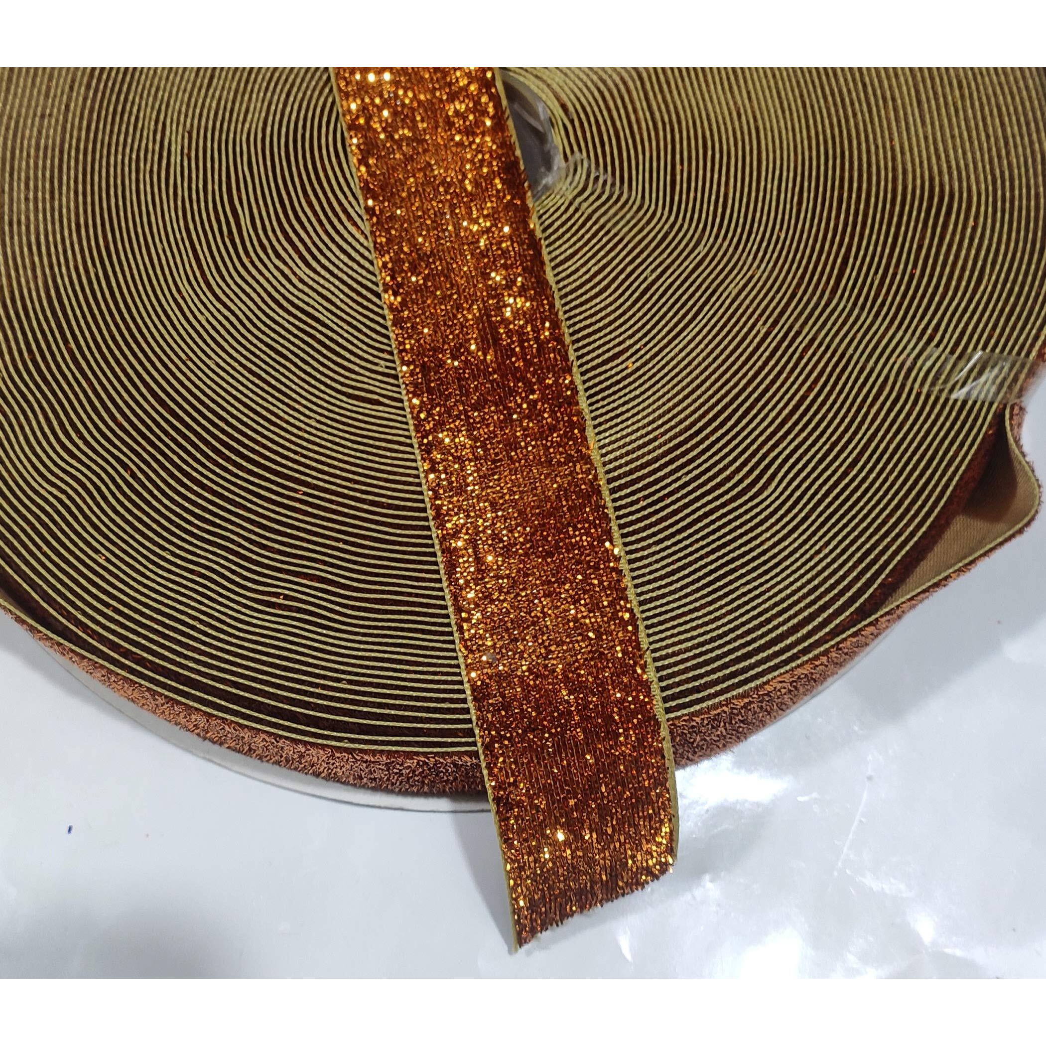 Omx Roll Of Golden Copper Sparkle Glitter Ribbon Patti Lace (18 Meters) (Border) With 2.5 Cm Width, Saree Border, Party Decoration, Craftwork