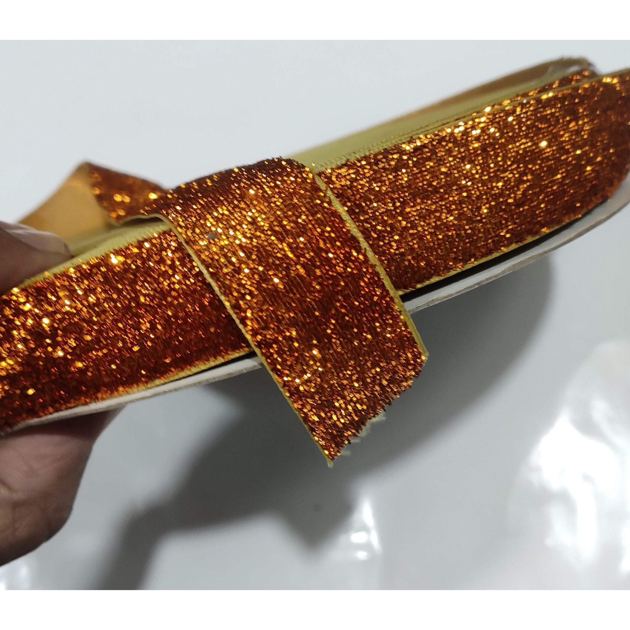 Omx Roll Of Golden Copper Sparkle Glitter Ribbon Patti Lace (18 Meters) (Border) With 2.5 Cm Width, Saree Border, Party Decoration, Craftwork