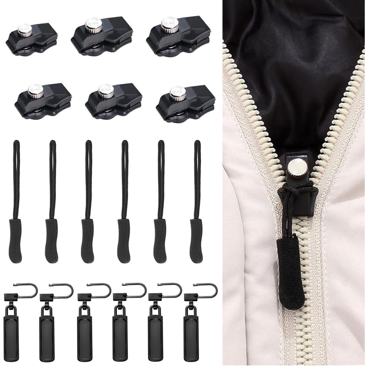Hasthip Zipper Repair Kit, 12Pcs Instant Zipper Sliders With Nylon Pull Tabs Cords, 3 Sizes Replacement Metal Zipper Pull For Sliding Teeth, Universal Screw Fix Removable Zippers For Bags, Garments