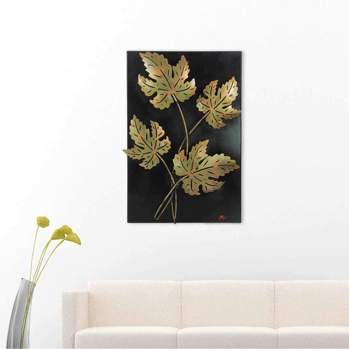 Handicrafts Paradise Wrought Iron And Wooden Base Decorative Wall Art Palm Leaves Showpiece (Multicolour, 14 X 21 Inch)